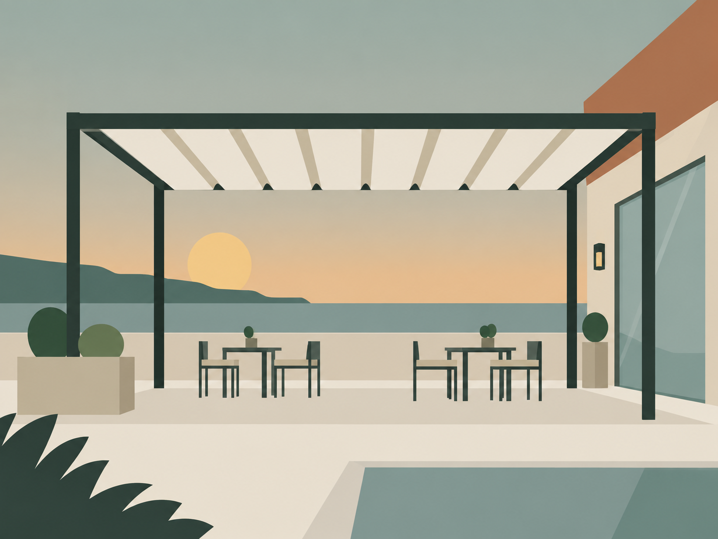 Otel terasında motorlu pergola uygulaması