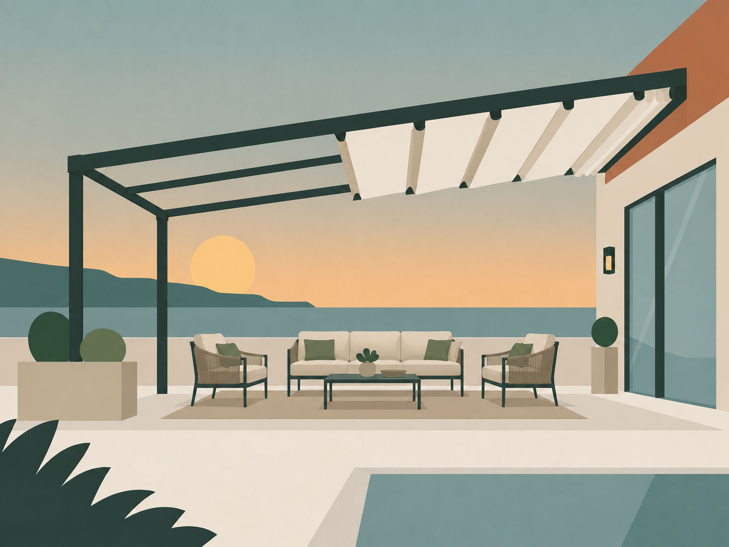 Konut terasında tek eğimli pergola ve ev tipi oturma grubu uygulaması