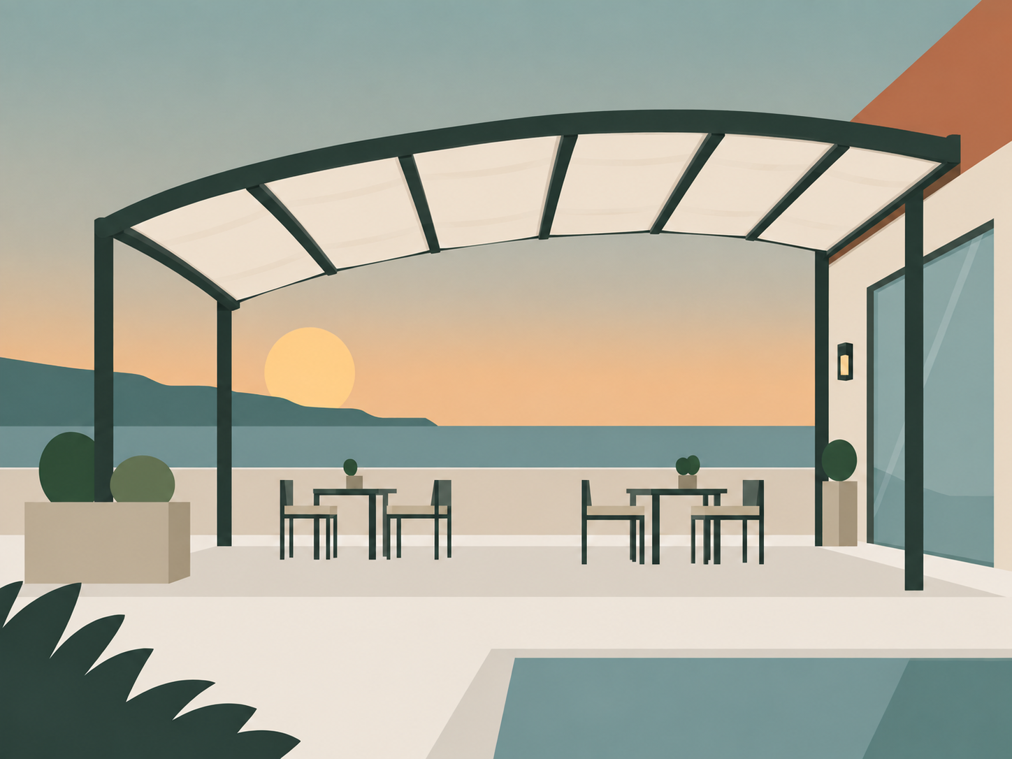 Otel terasında ray içinde düzenli kumaşlı kavisli pergola uygulaması