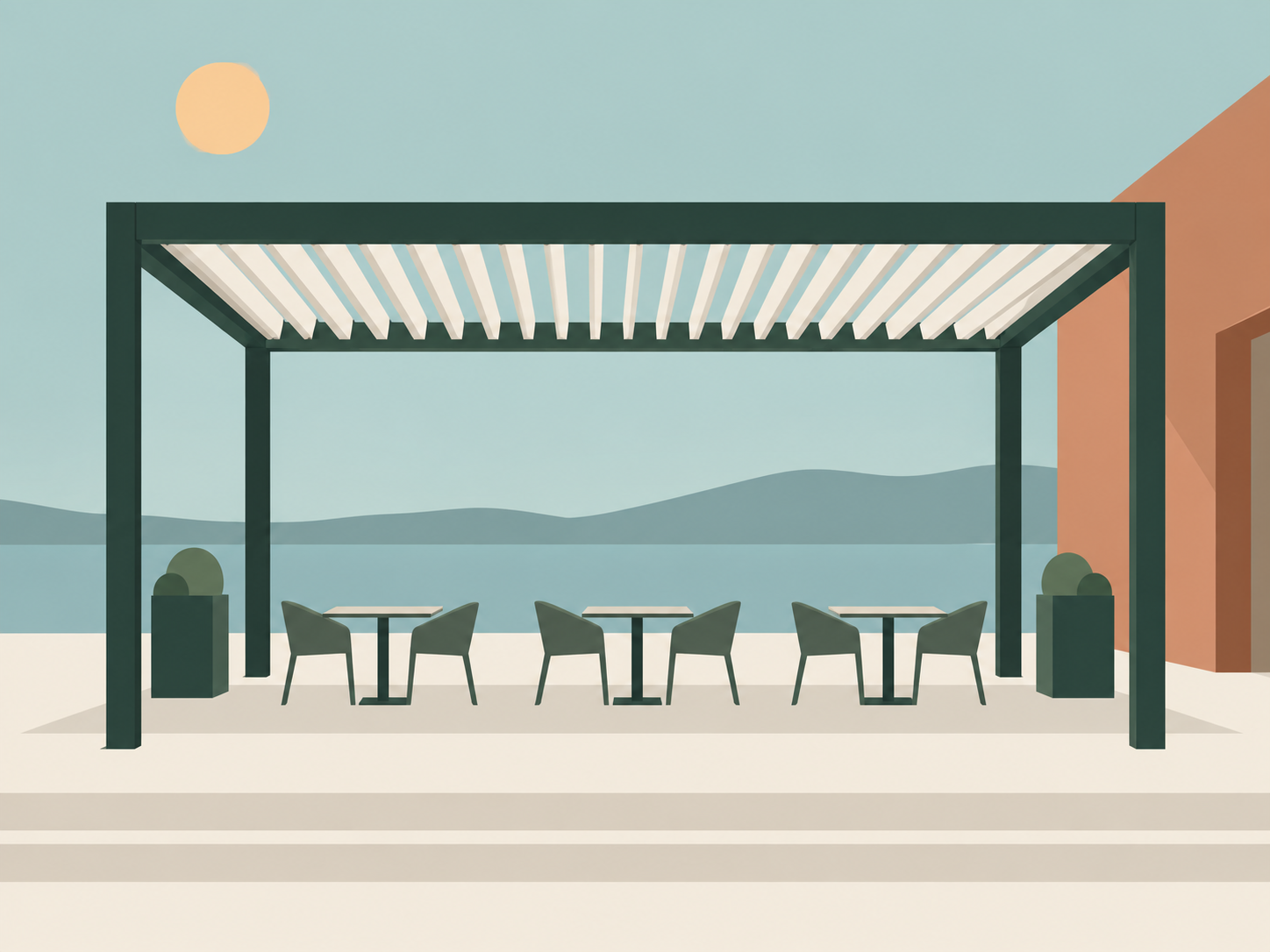 Restoran terasında açılı lamelli bioklimatik pergola uygulaması