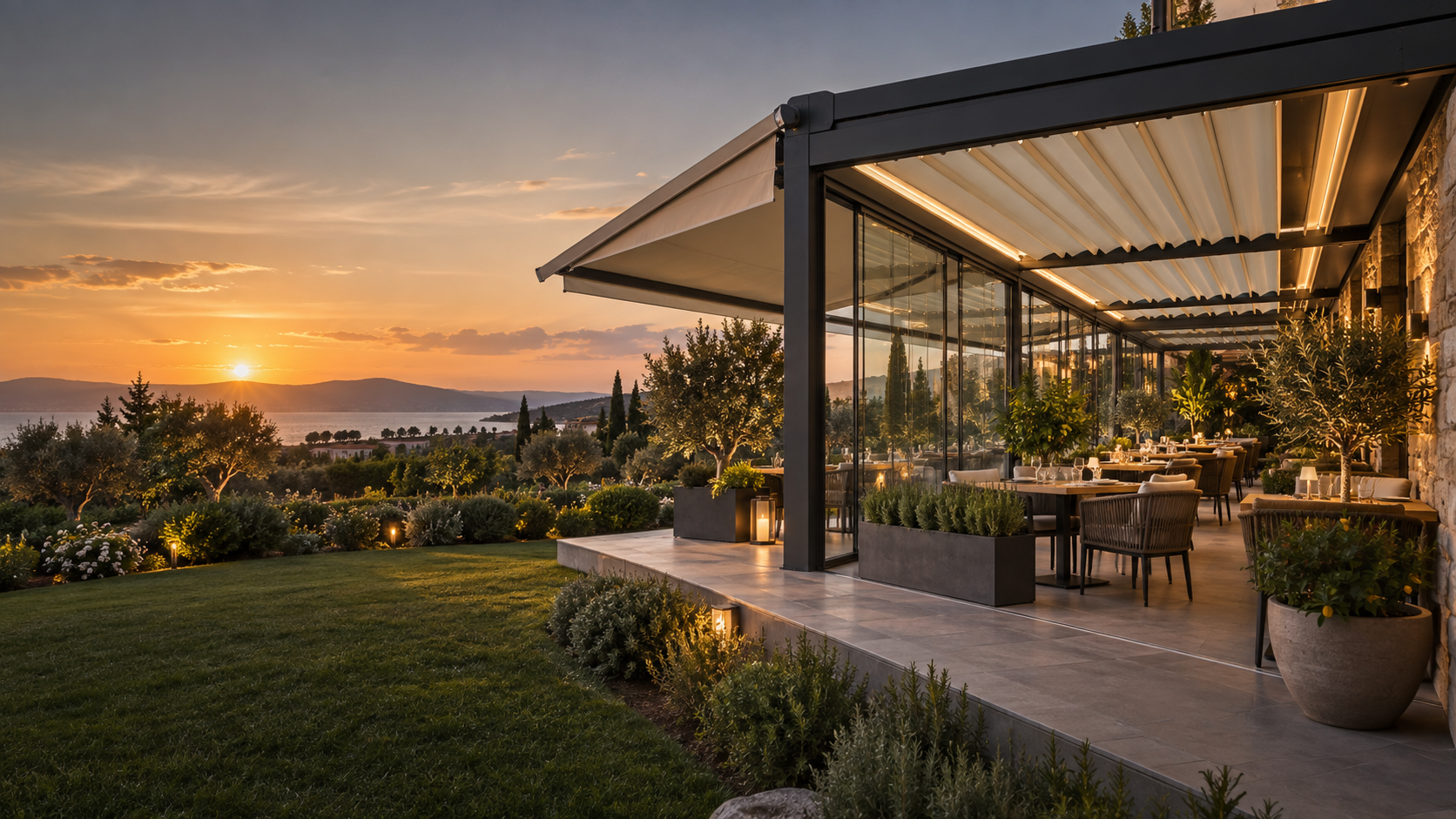 Gün batımında motorlu pergola ve cam sistemli restoran terası